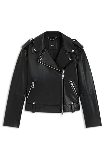 Jakke BOSS Grained Leather Jacket with Silver-Tone Trims Sort | 50541769