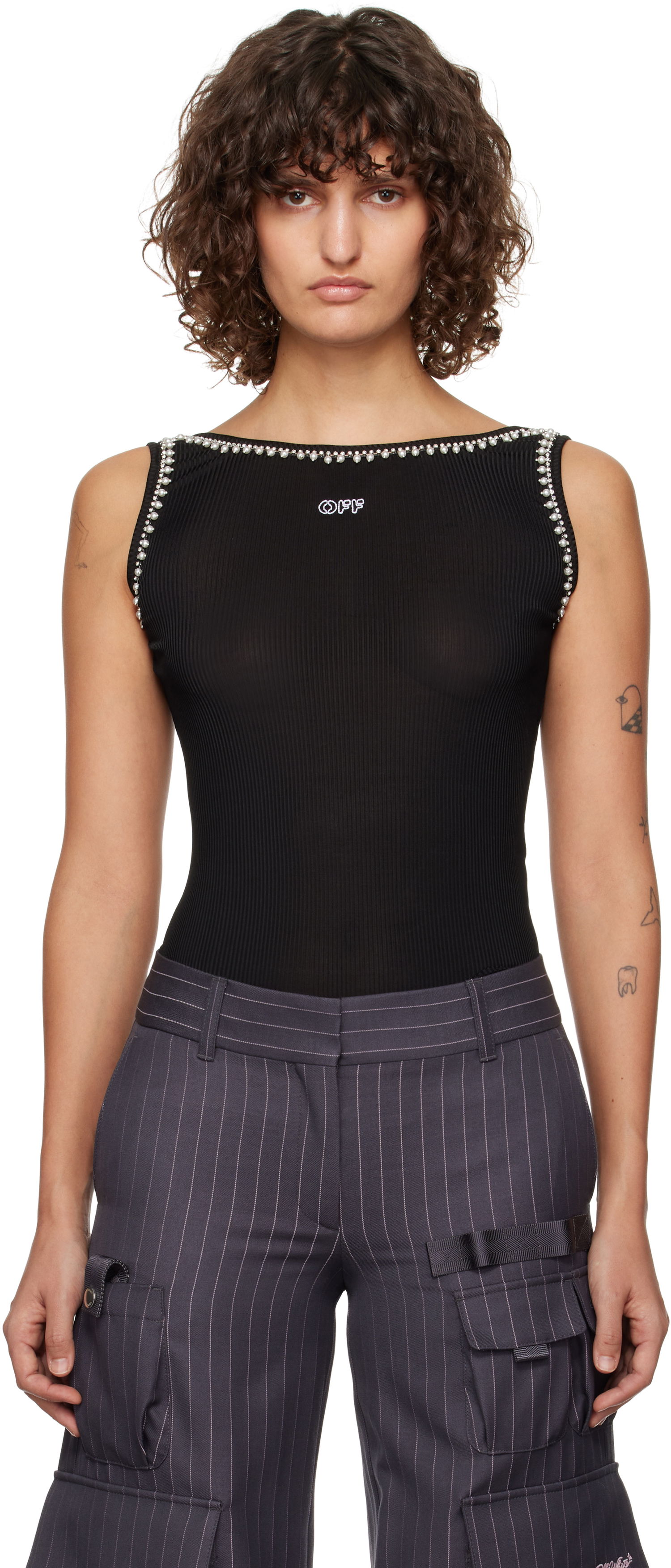 Krop Off-White Light Rib Embroidered Tank Top Sort | OWAD258F24JER0011001, 0