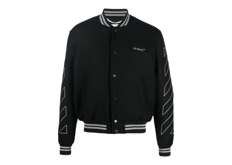 Bomberjakke Off-White Diagonal Outline Logo-Embroidered Wool Varsity Jacket Sort | OMEA315S23FAB0011008