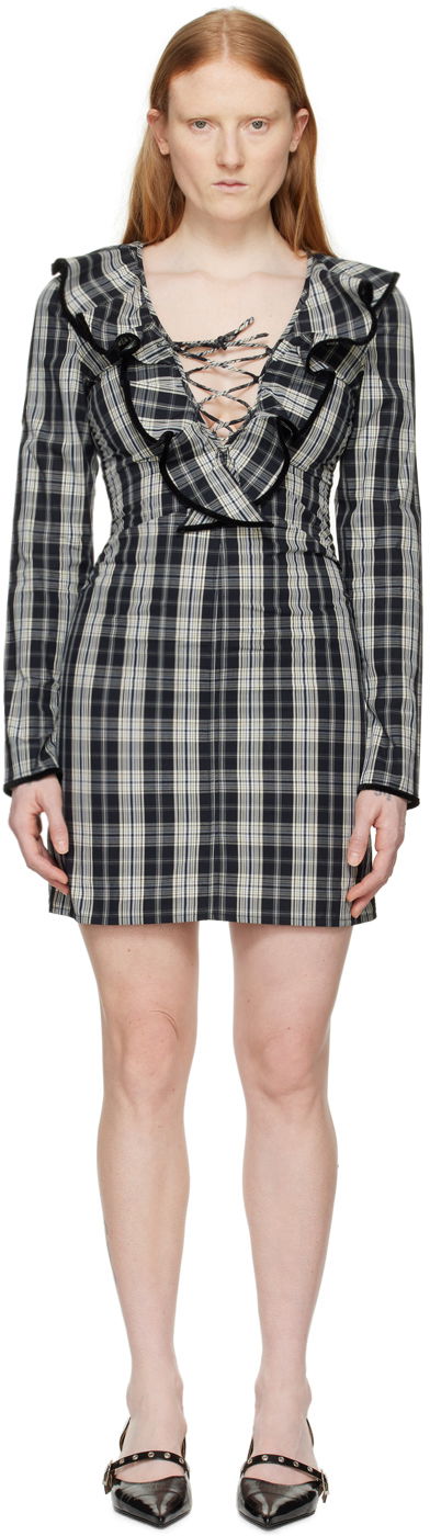 Kjole GANNI Plaid Ruffle Lace-up Long-sleeve Minidress Flerfarvet | F8749
