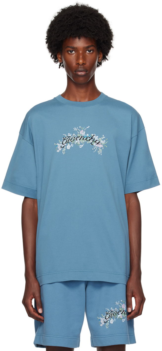 T-shirt Givenchy Blue Floral Logo T-Shirt Blå | BM71JA3YMU495, 0