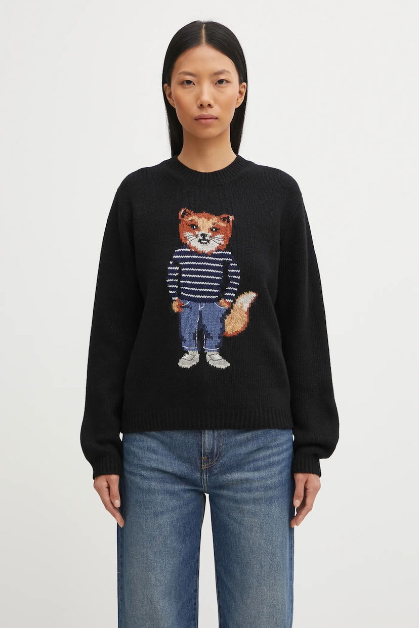 Sweater MAISON KITSUNÉ Dressed Fox Intarsia Wool Sweater Sort | PW00812KH0002