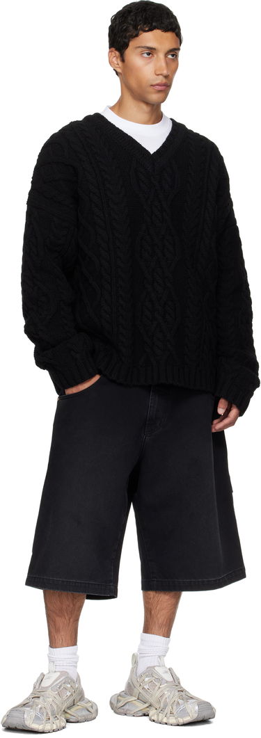 Sweater VETEMENTS VETEMENTS Cable Knit V-Neck Sweater Sort | UH76KN600B, 3