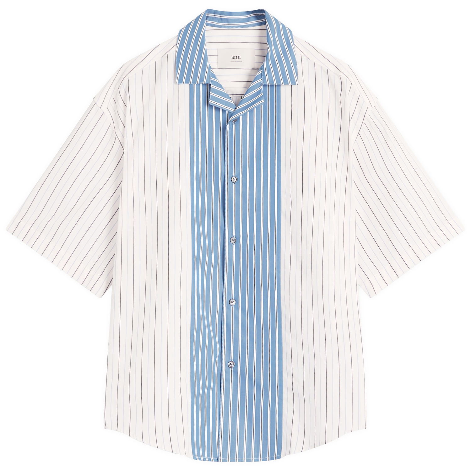 Skjorte AMI AMI Paris Camp Collar Contrast Stripe Boxy Shirt, Size Large Blå | HSH286-CO0109-1892, 1