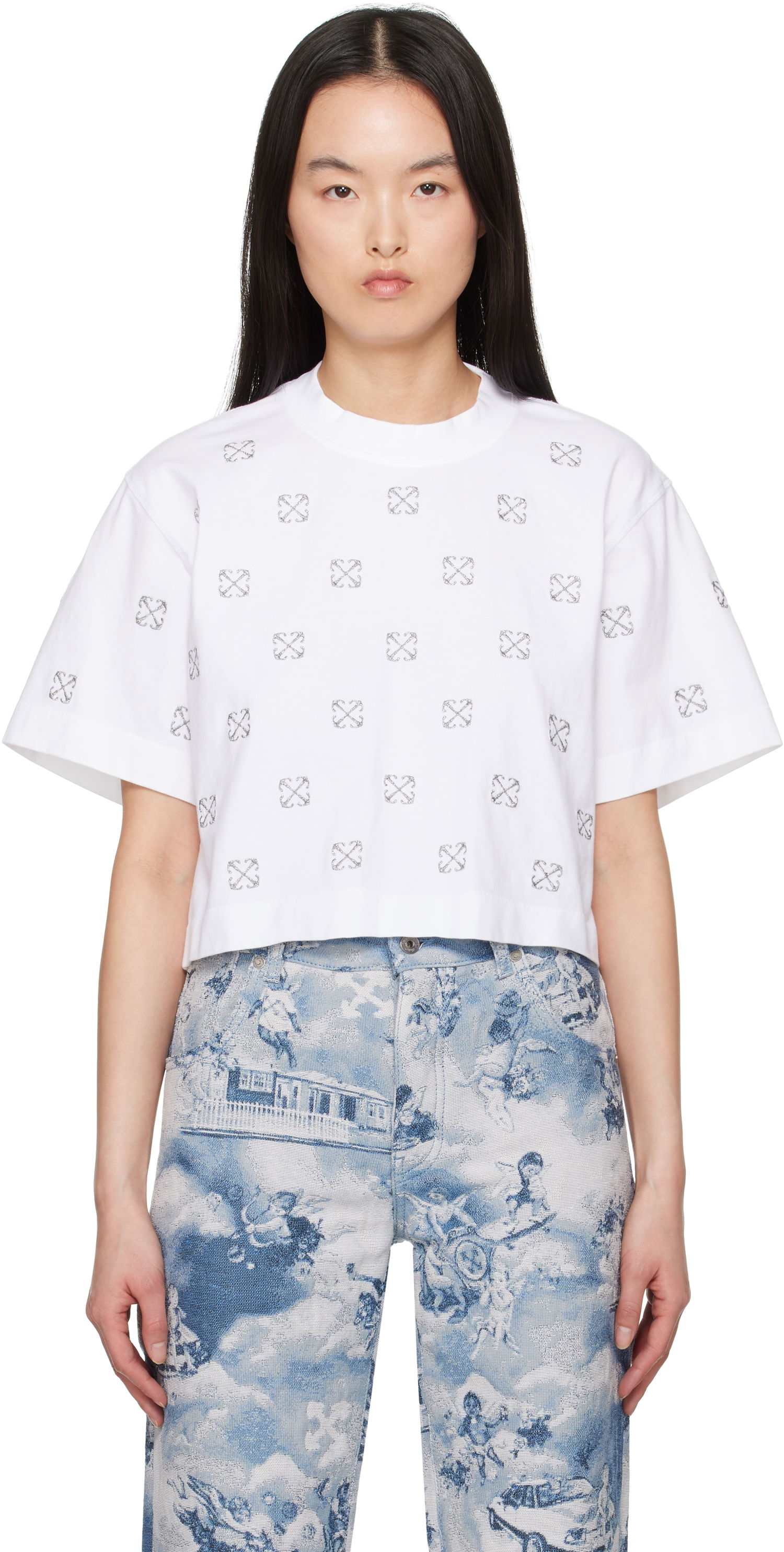 Crop top Off-White Off-White Little Arrows Lurex Crop T-Shirt Hvid | OWAA090S25JER0040172, 0