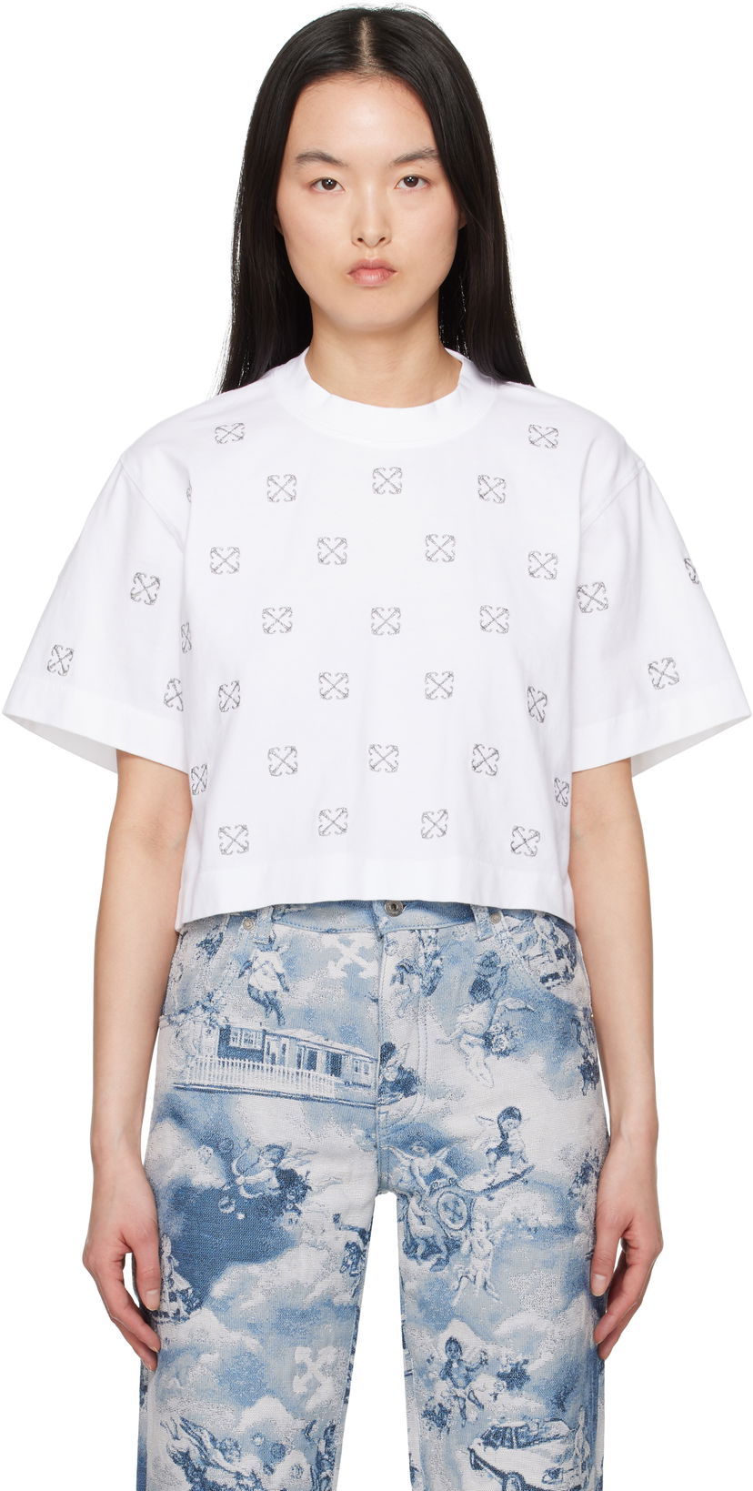 Crop top Off-White Off-White Little Arrows Lurex Crop T-Shirt Hvid | OWAA090S25JER0040172