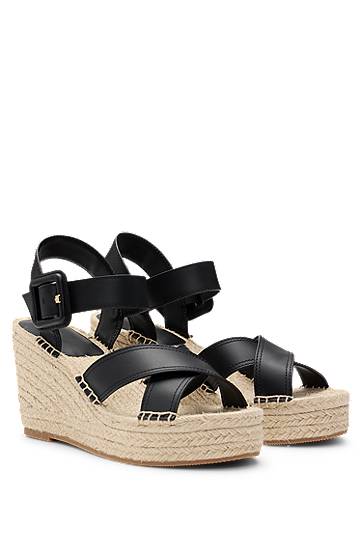 Tilbehør BOSS Leather Strap Wedge Espadrilles Sort | 50546334, 0