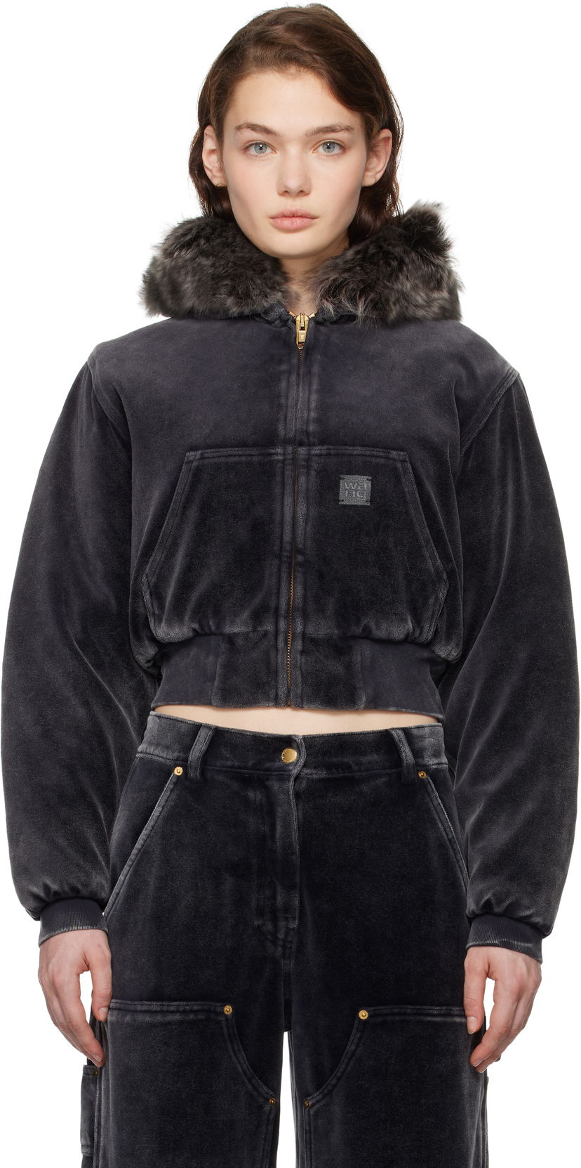 Sweatshirt Alexander Wang Velour Workwear Shearling Trim Jacket Sort | 4CC4242106