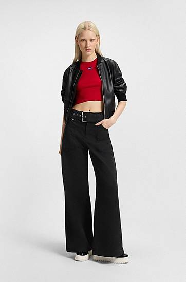 Bukser BOSS Belted Wide-Leg Stretch-Cotton Satin Trousers Sort | 50548143, 1