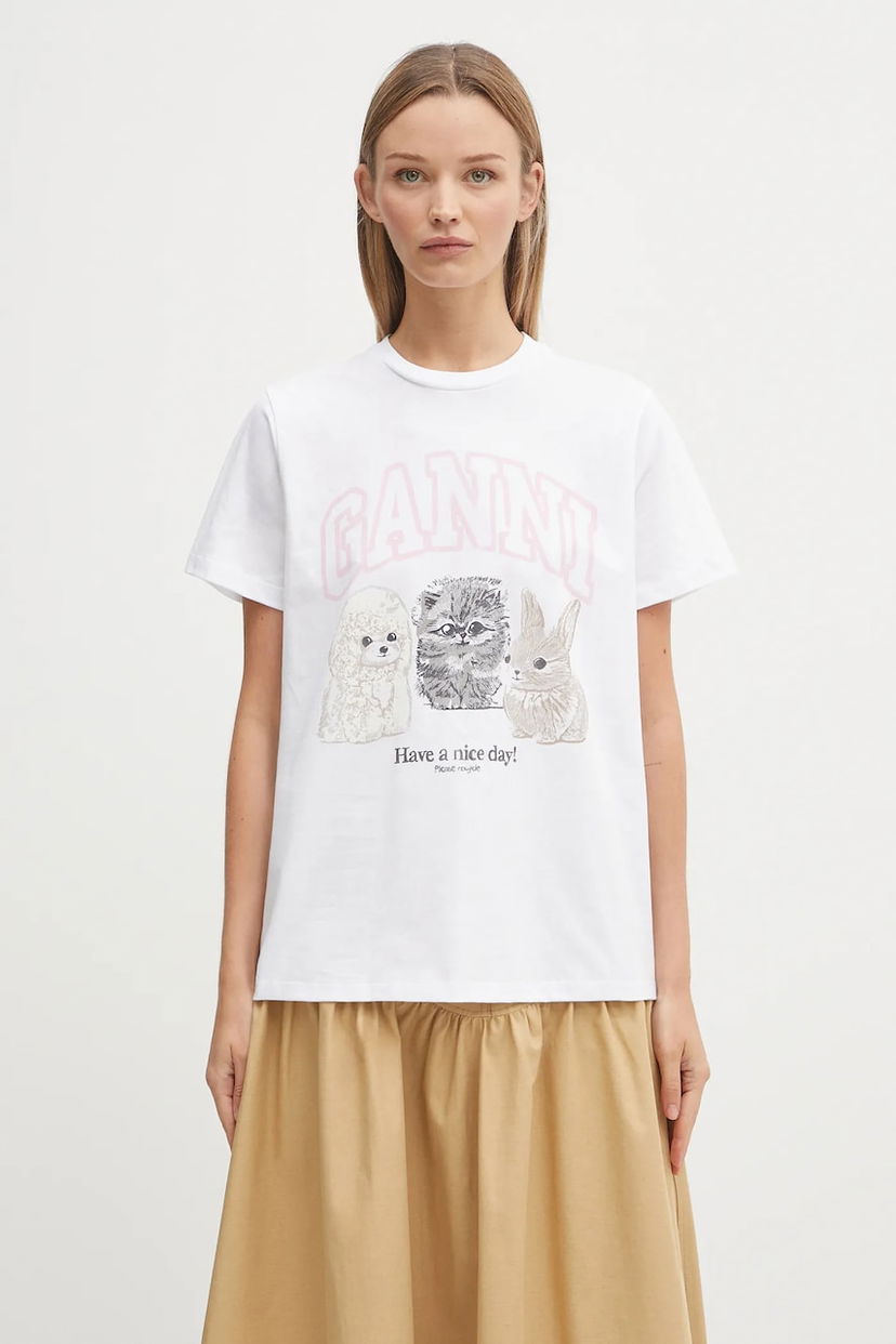 T-shirt GANNI GANNI Basic Cotton Jersey Animals Relaxed T-Shirt Hvid | T4376