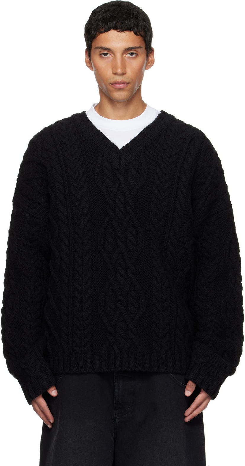 Sweater VETEMENTS VETEMENTS Cable Knit V-Neck Sweater Sort | UH76KN600B