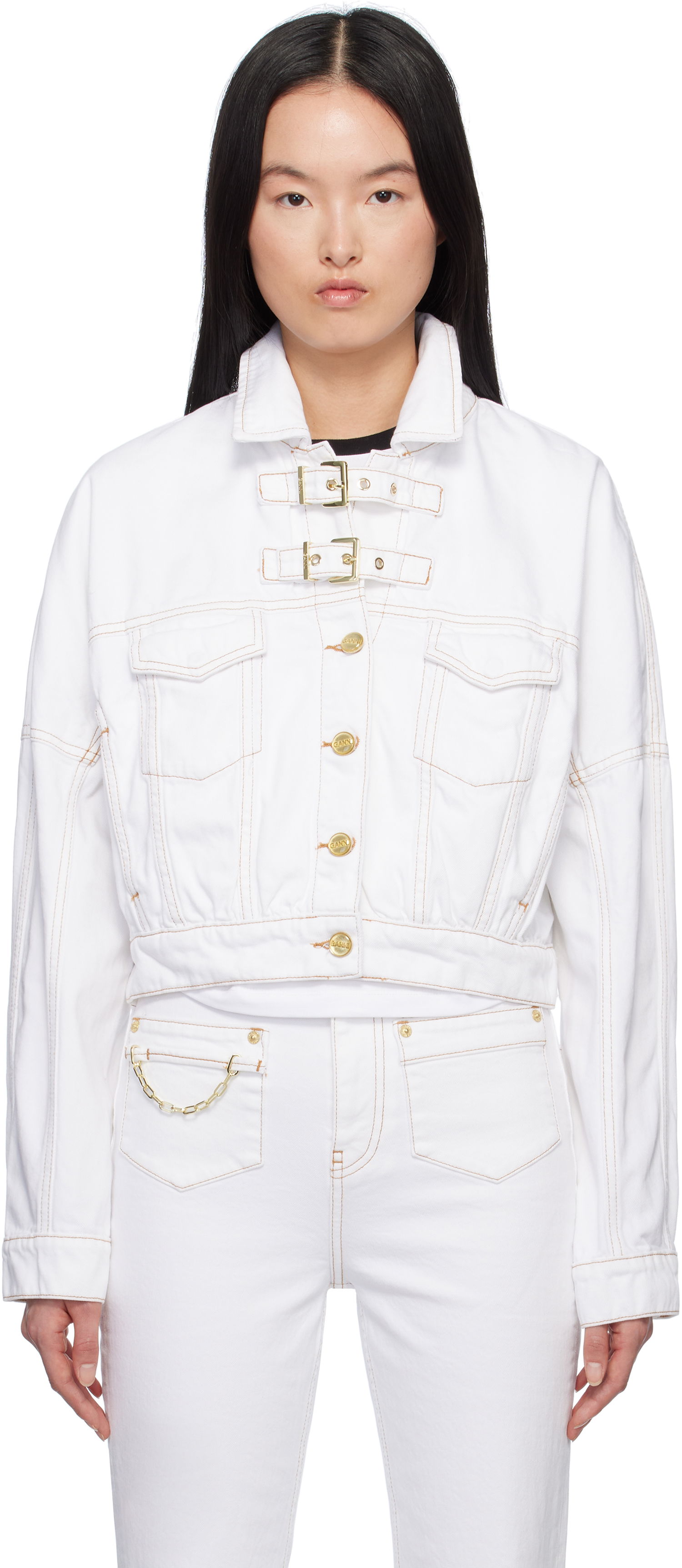 Jakke GANNI GANNI Pin-Buckle Cropped Denim Jacket Hvid | J1658, 0