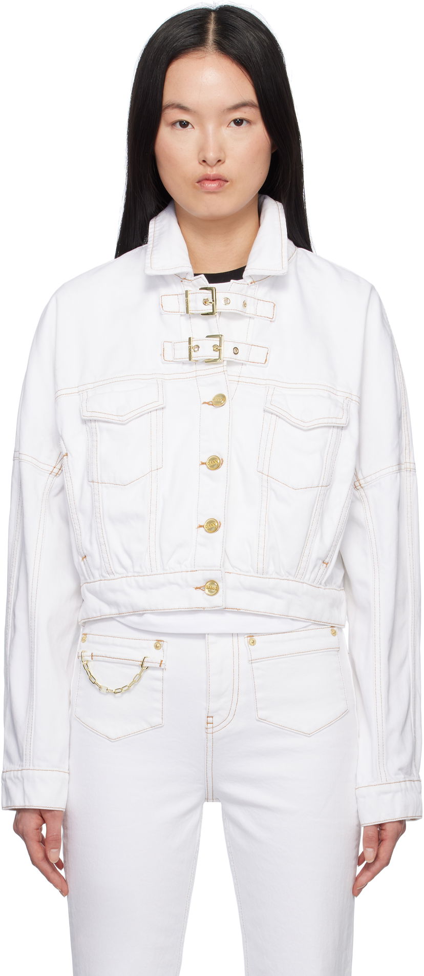Jakke GANNI GANNI Pin-Buckle Cropped Denim Jacket Hvid | J1658