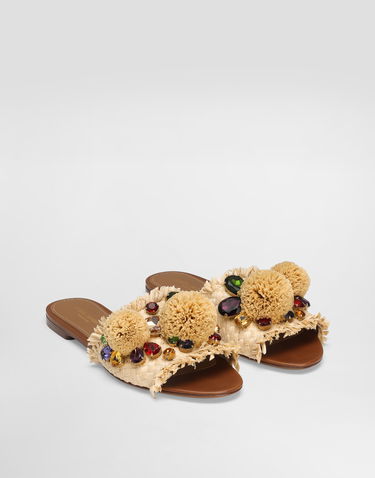Tilbehør Dolce & Gabbana Dolce & Gabbana Braided Fringed Raffia Slide Sandals with Pompoms and Jewels Beige | CQ0648AM4478B139, 1