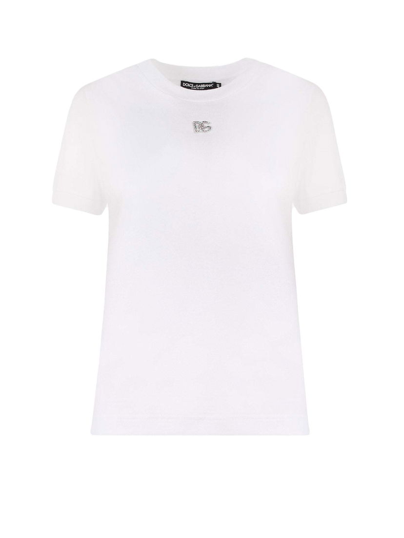 T-shirt Dolce & Gabbana Cotton Rhinestones Logo Detail T-Shirt White Hvid | F8N08ZG7B3U#S9000