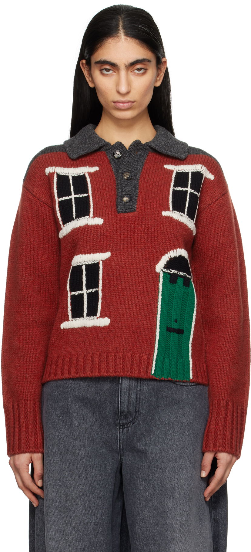 Sweater JW Anderson JW Anderson House Intarsia Polo Sweater Rød | KW1405-YN0413