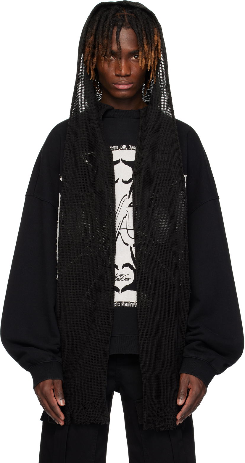 Sweatshirt We11done We11done Heart-Cross Long-Sleeved Muffler Hoodie Sort | WD-TH0-25-845-U-BK