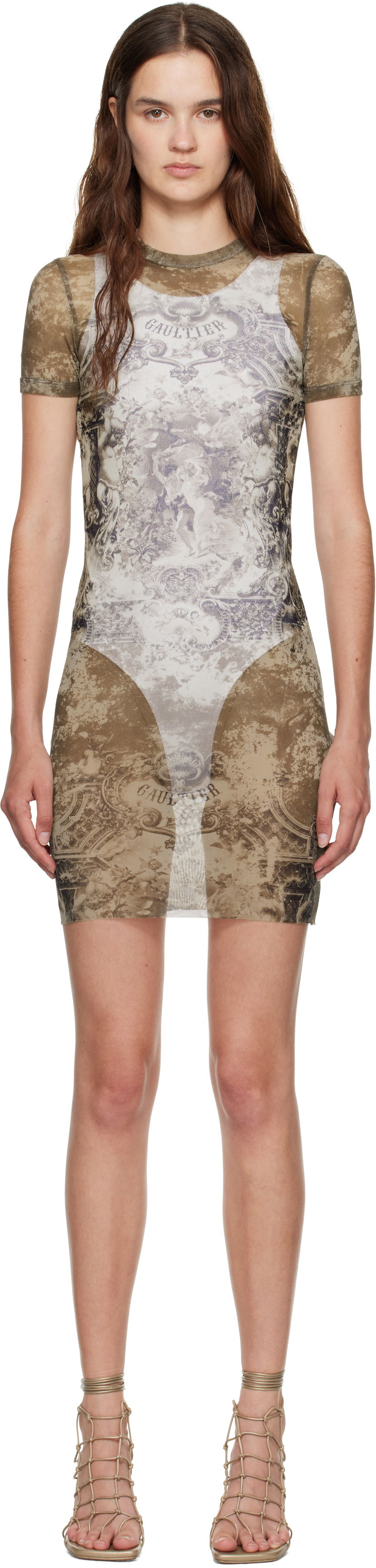 Kjole Jean Paul Gaultier Jean Paul Gaultier 'The Médaillon' Printed Mesh Minidress Brun | 25/03-W-DR024-M006P-6965