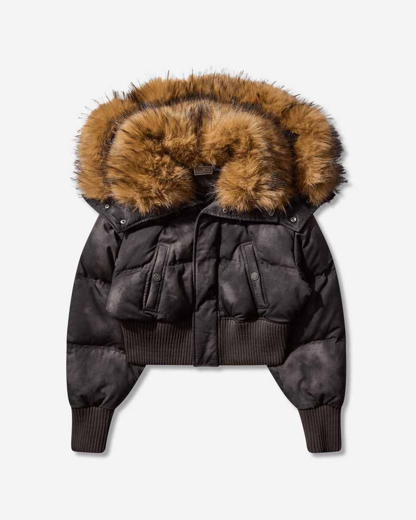 Puffer jakke GUESS Distressed Cropped Puffer Jacket with Faux Fur Hood Sort | W5BL10WGF30 JTMU