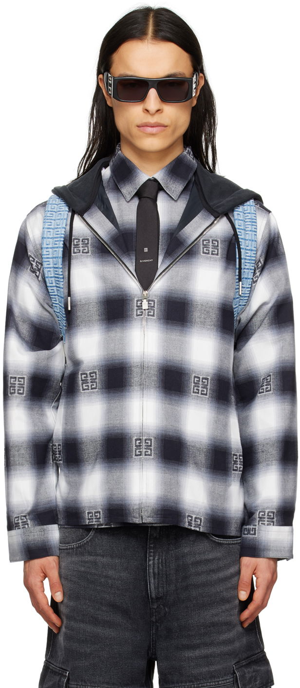 Skjorte Givenchy Givenchy Check Zip-Up Hooded Shirt Blå | BM60VH13R9