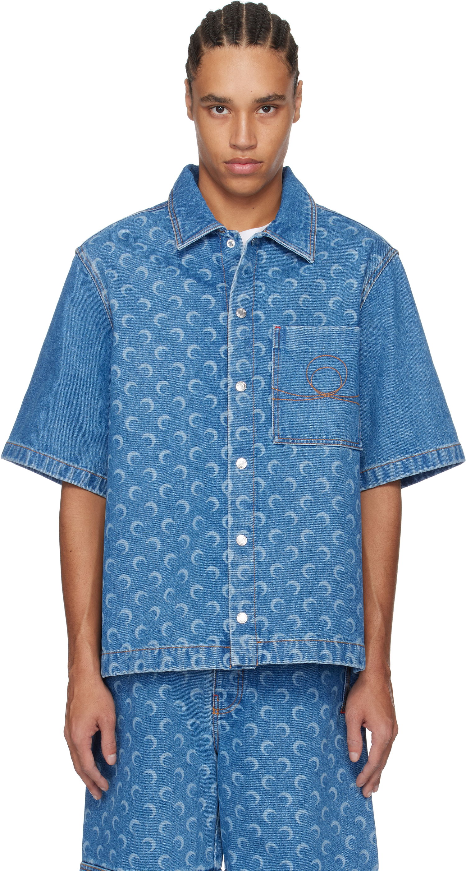 Skjorte Marine Serre Marine Serre Moon Laser Workwear Denim Shirt Blå | MSI017A CDEN0002, 0