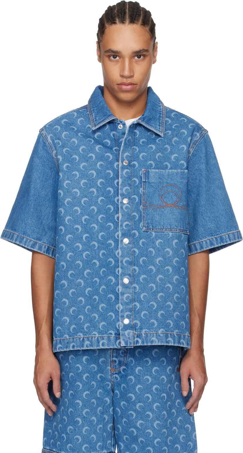Skjorte Marine Serre Marine Serre Moon Laser Workwear Denim Shirt Blå | MSI017A CDEN0002