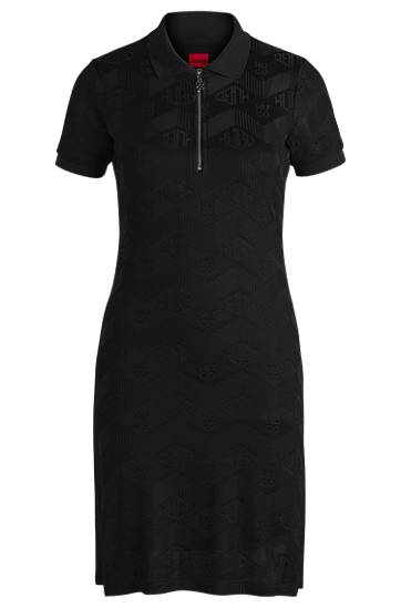 Kjole BOSS Jacquard Knit Dress with Logo Zip Placket Sort | 50537774