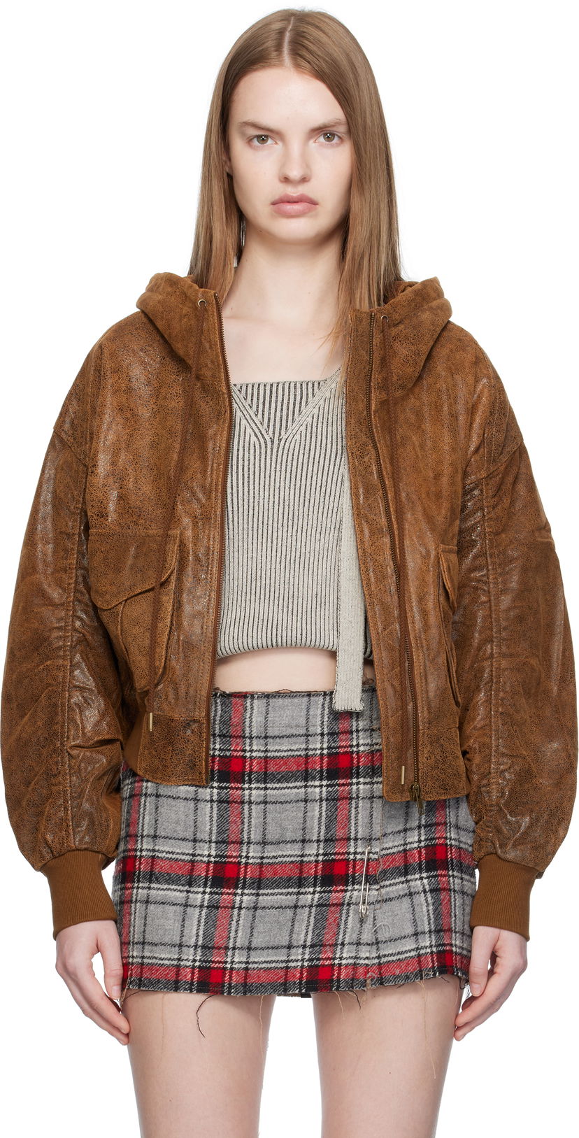 Bomberjakke R13 R13 Shirred Oversized Leather Bomber Jacket Brun | R13WR429-R540A