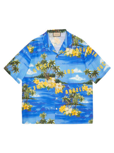 Skjorte Gucci Printed Cotton Bowling Shirt Blå | 694125 ZAJSR 4464