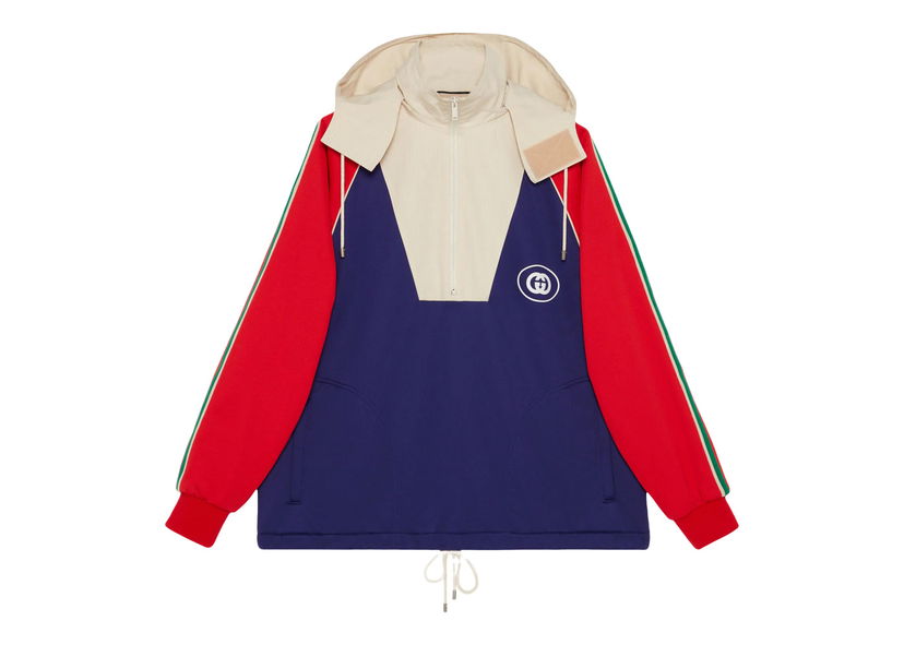 Jakke Gucci Logo Half Zip Jacket Blue Red White Mørkeblå | 695987 XJEH0 4742
