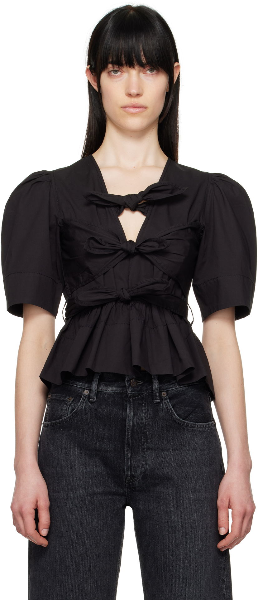 Crop top GANNI Ganni Tie Strap Stretch Cotton Peplum Blouse Sort | W0378