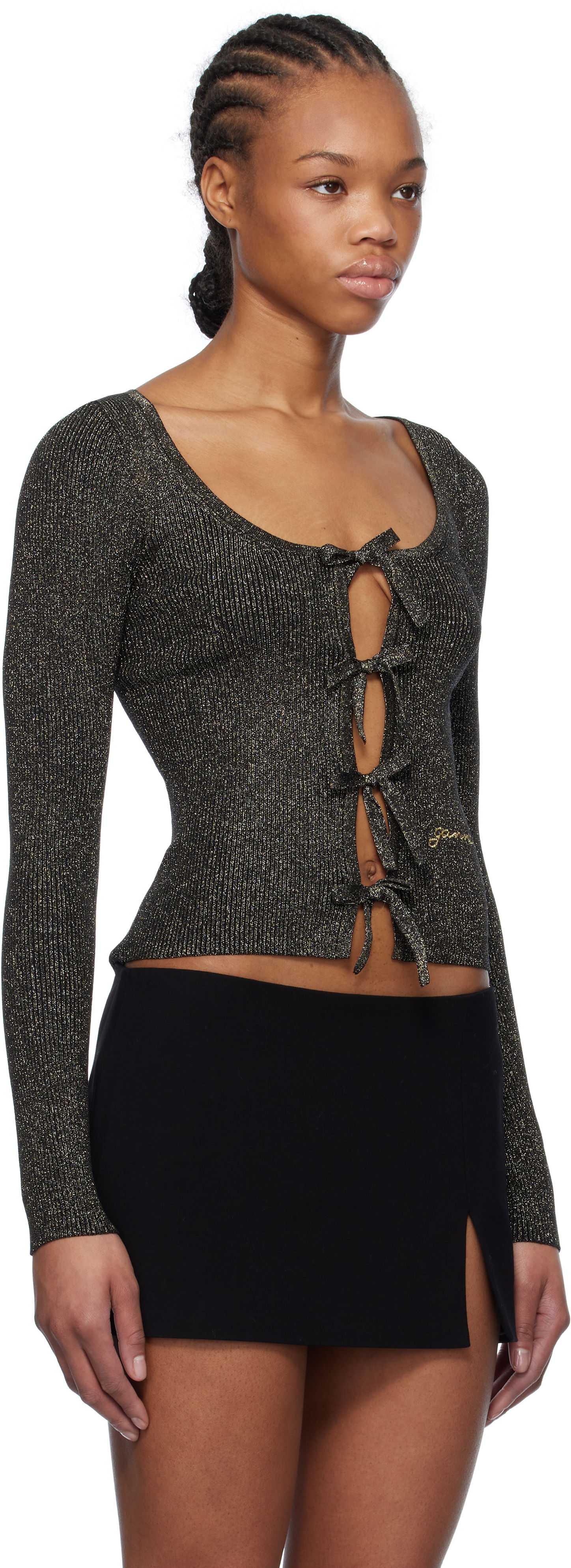 Sweater GANNI GANNI Sparkle Tie String Cardigan Sort | K2358, 1
