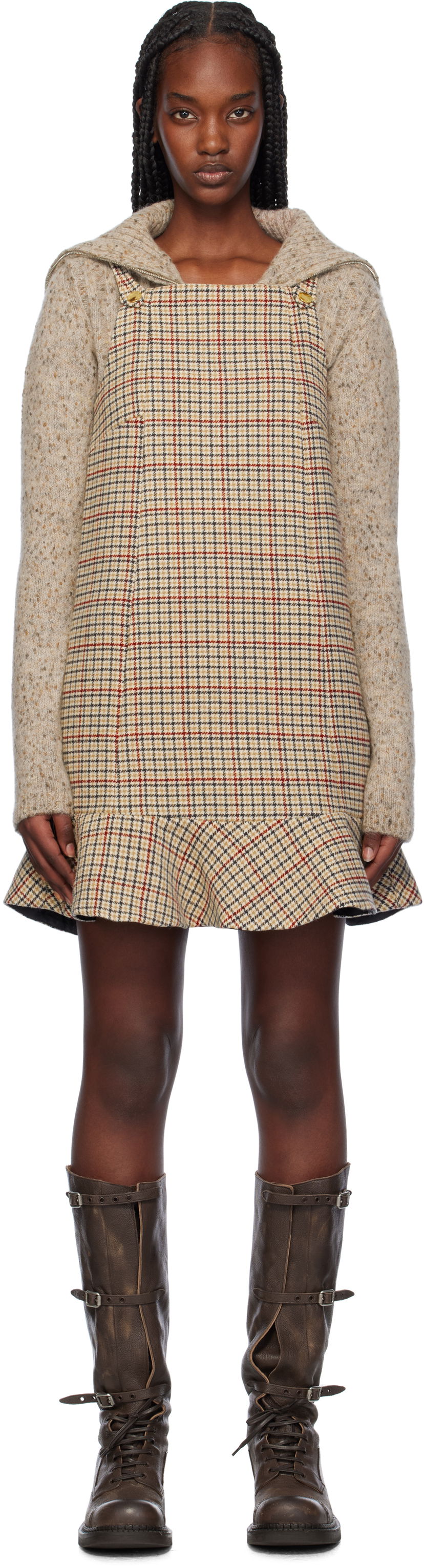 Kjole GANNI Check Print Ruffle Hem Mini Dress Beige | F9695