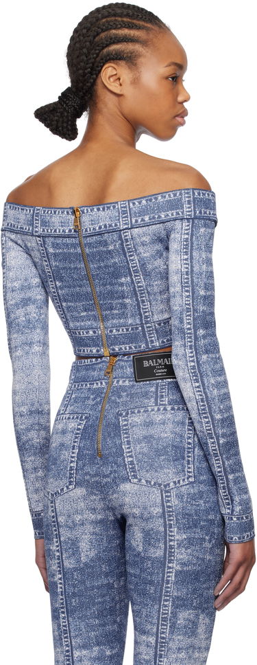 Træningsdragt Balmain Balmain Denim Off-Shoulder Top Blå | EF1AO385KH80, 2