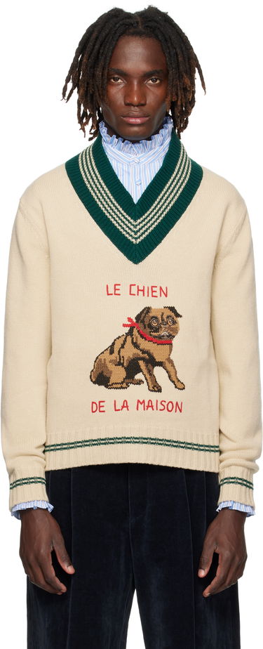 Sweater Valentino Valentino 'Le Chien De La Maison' Jacquard Wool V-Neck Sweater Beige | 7V3KC35EB2M, 0