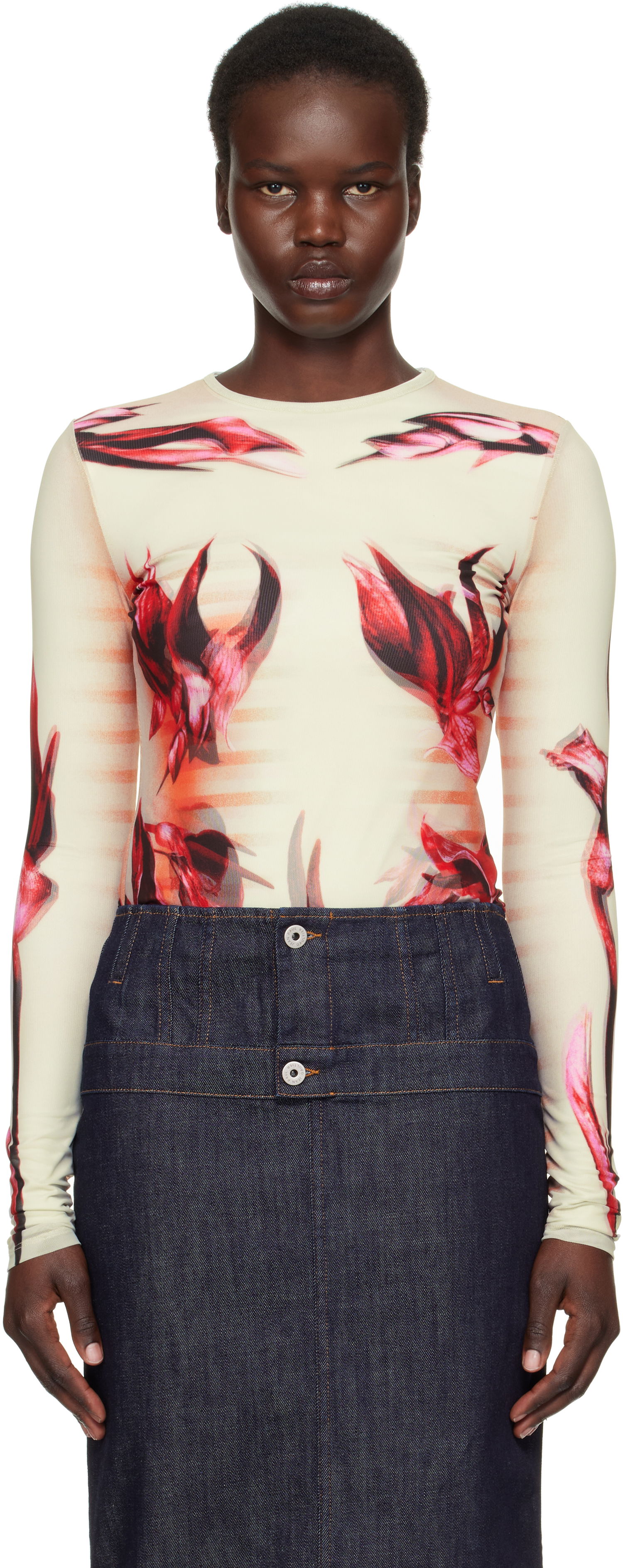 T-shirt Jean Paul Gaultier Jean Paul Gaultier 'The Flower Body Morphing Marinière' Long Sleeve T-Shirt Beige | 25/33-F-TO264-T581-422030, 0