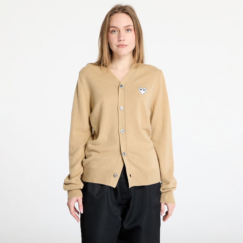 Sweater Comme des Garçons Play White Emblem V-Neck Cardigan Beige | AX-N066 LIGHT CAMEL