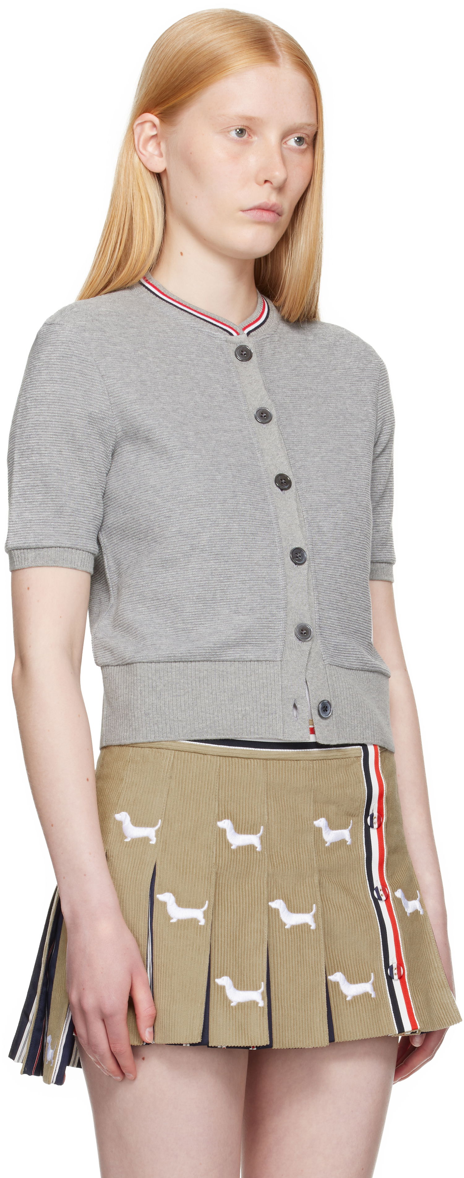 Sweater Thom Browne Thom Browne Cotton Waffle Short Sleeve Cardigan Grå | FJT390A-J0216, 1