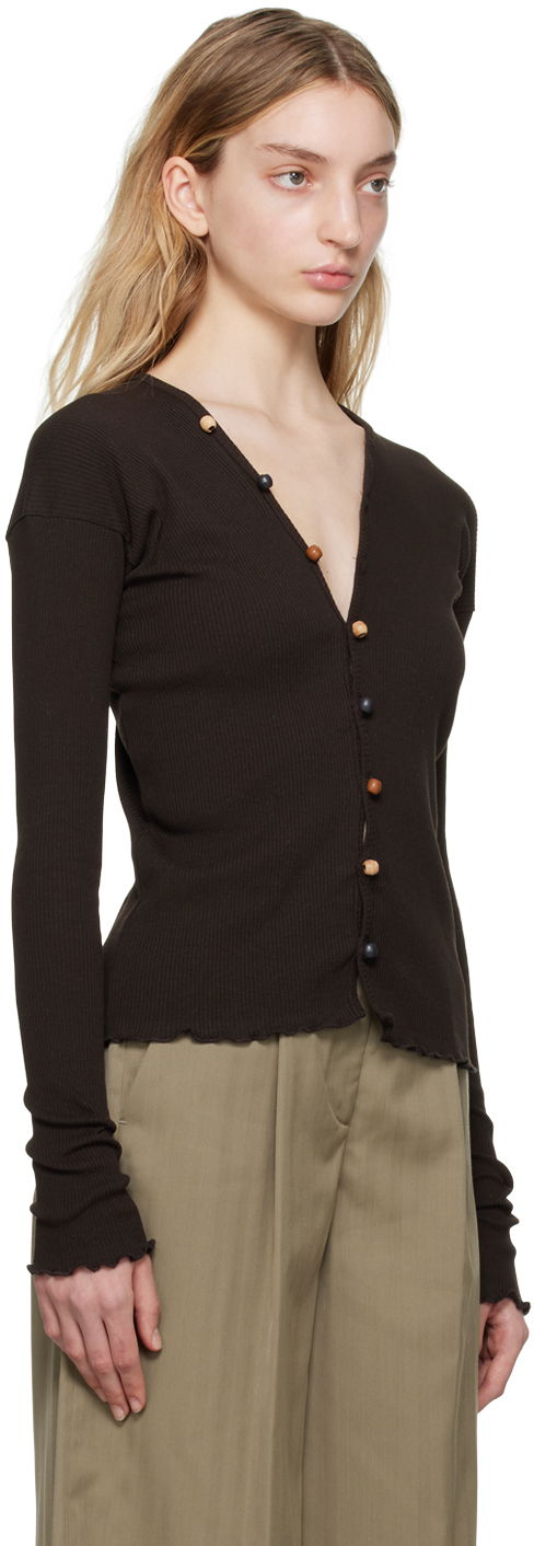Sweater Baserange Tav Ribbed V-Neck Cardigan with Beaded Buttons Brun | TOTVC-RC-SP23, 1