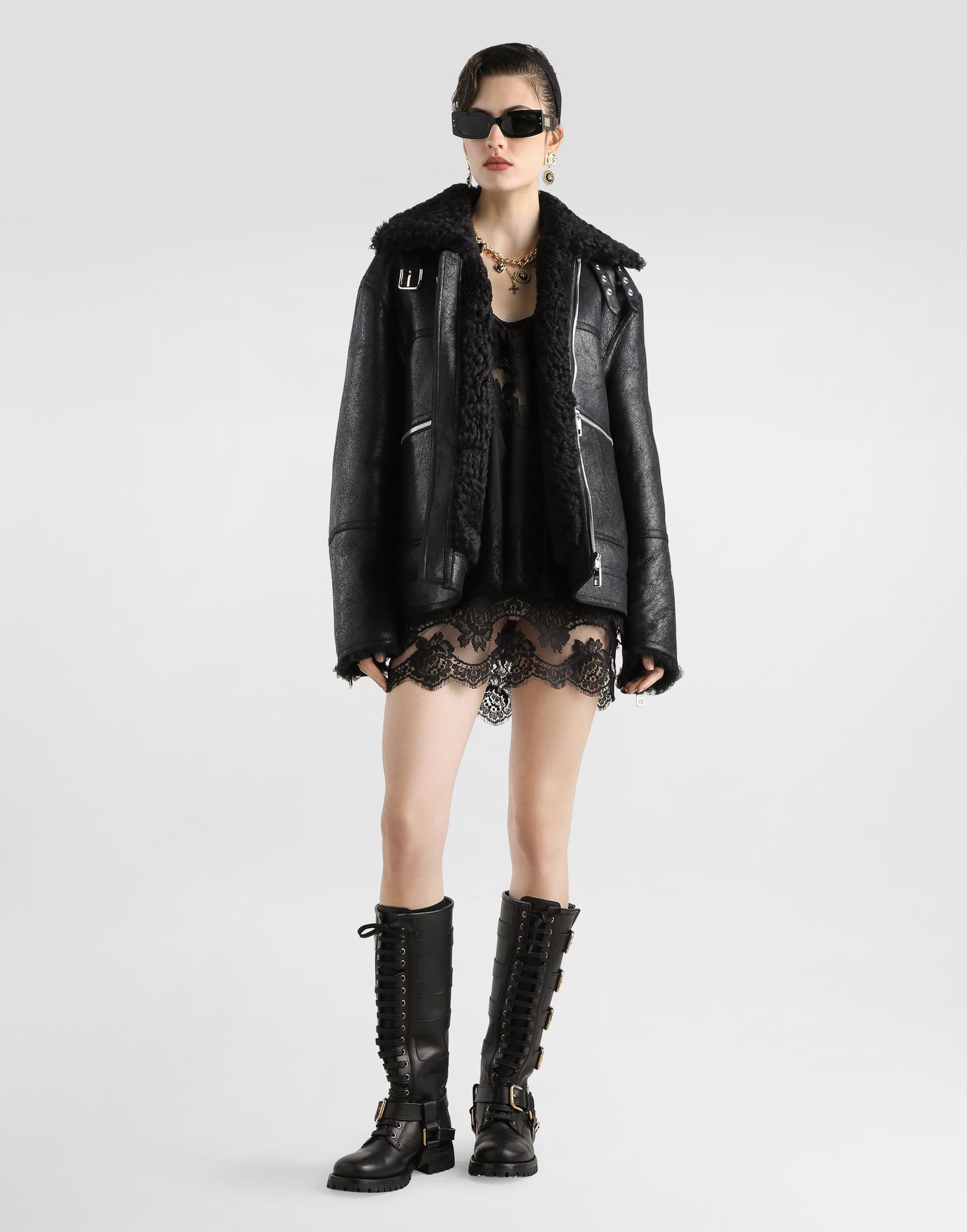 Jakke Dolce & Gabbana Dolce & Gabbana Shearling Biker Jacket Sort | F9S79LFUP94N0000, 1