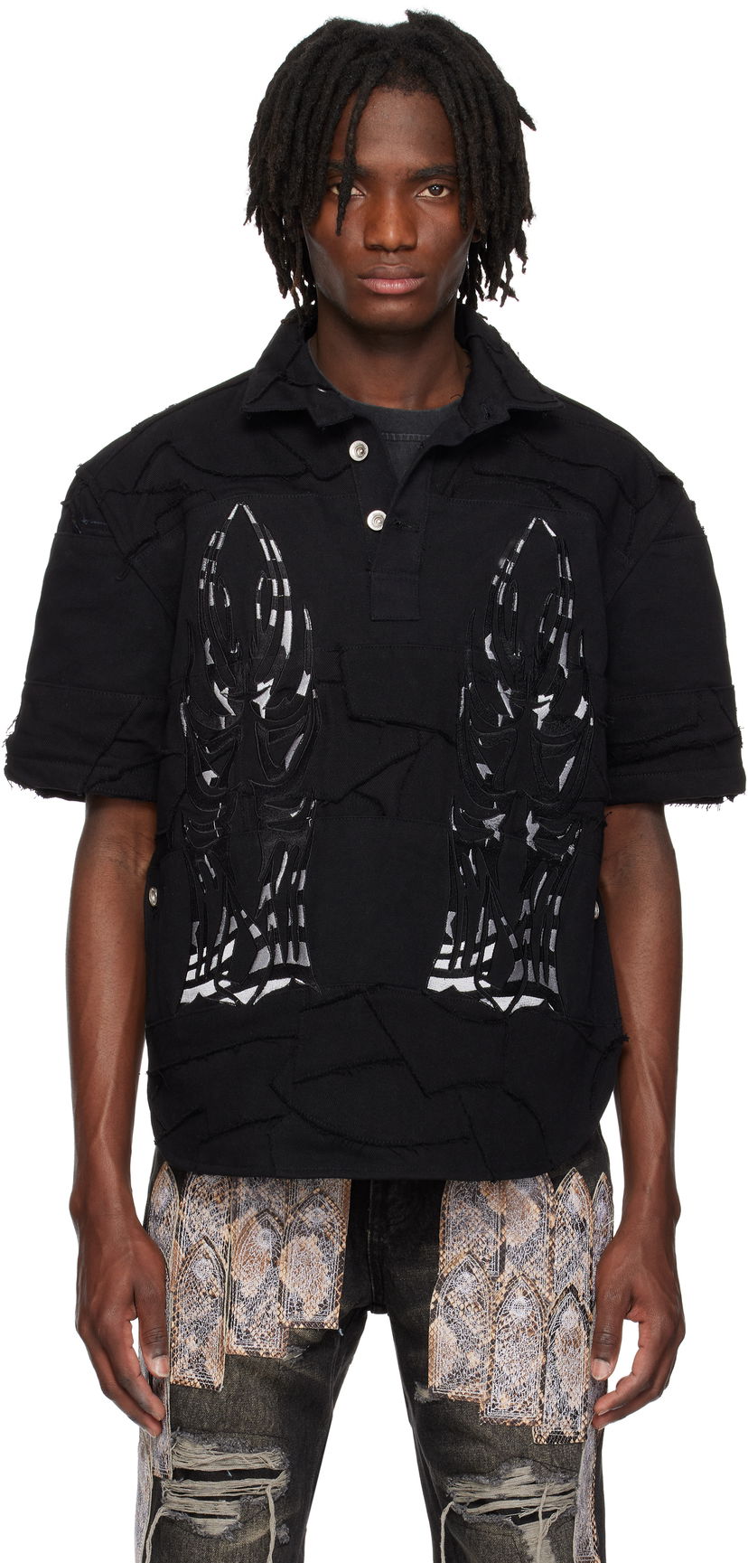 Polo skjorte Who Decides War Who Decides War 'WDW' Winged Denim Polo Sort | 1110580002SS25