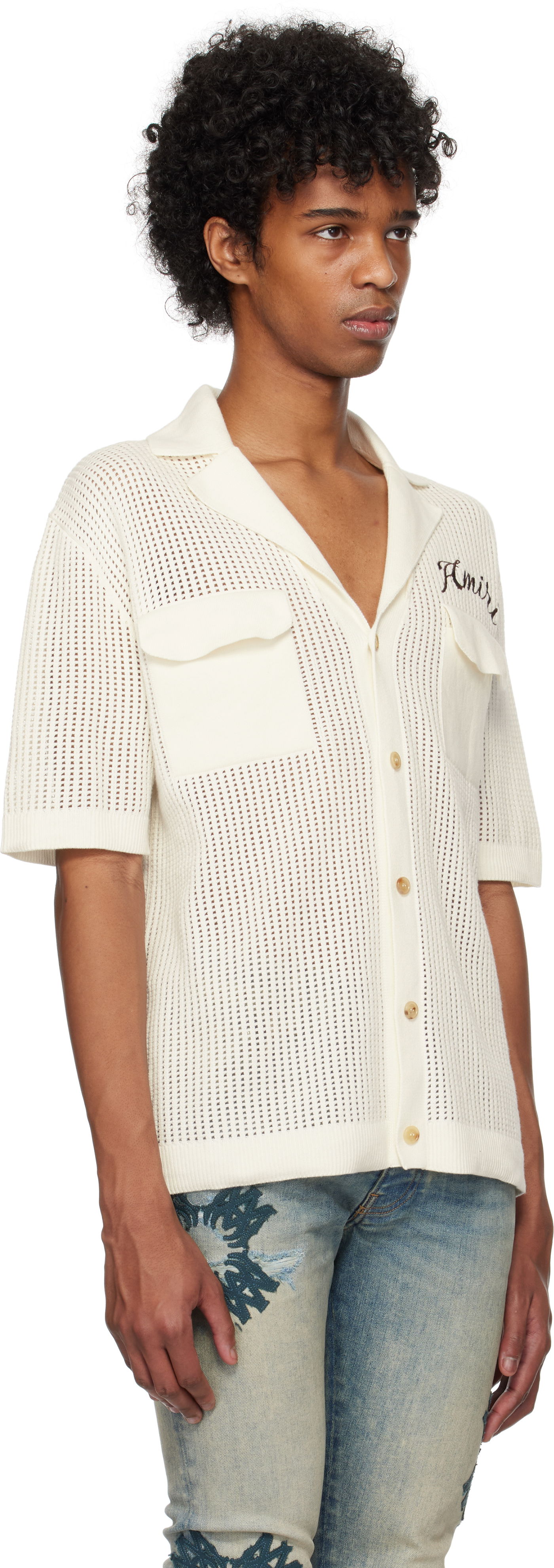 Skjorte AMIRI AMIRI Mesh Knitted Shirt Hvid | AMKNIR1011, 1