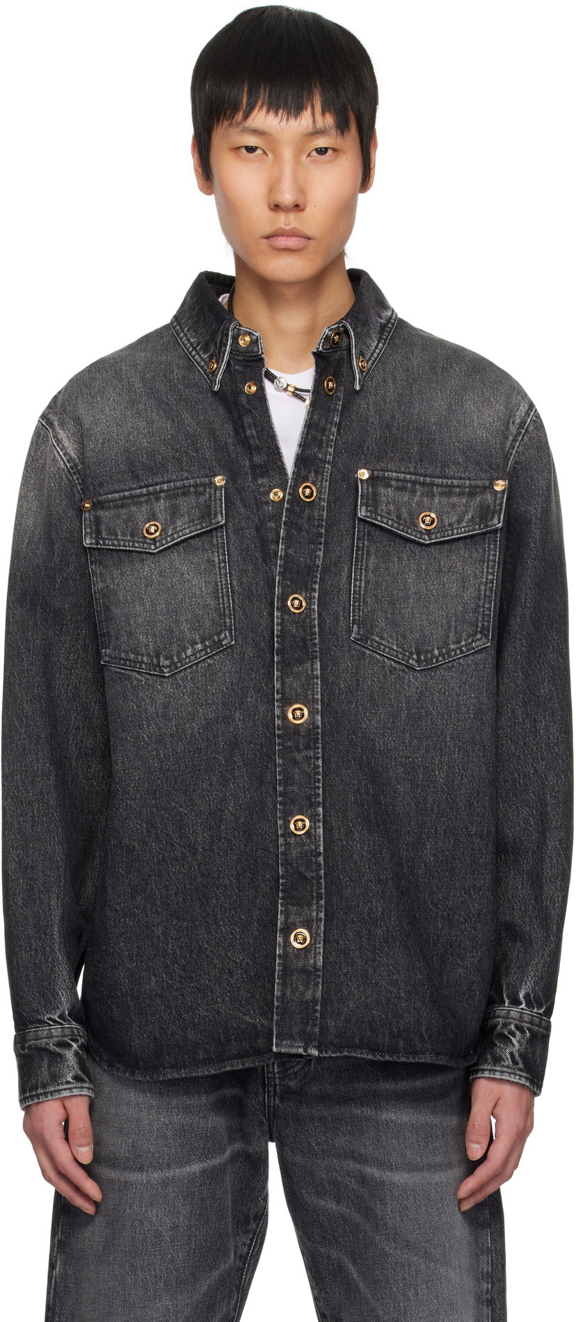 Skjorte Versace Versace Stonewashed Denim Overshirt Sort | 1013887_1A13718