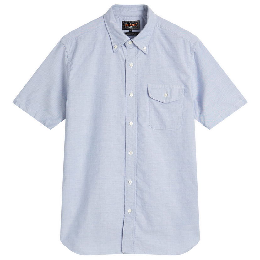 Skjorte BEAMS Plus Button Down Short Sleeve Oxford Shirt, Size Medium Blå | 3801-0032-139-70