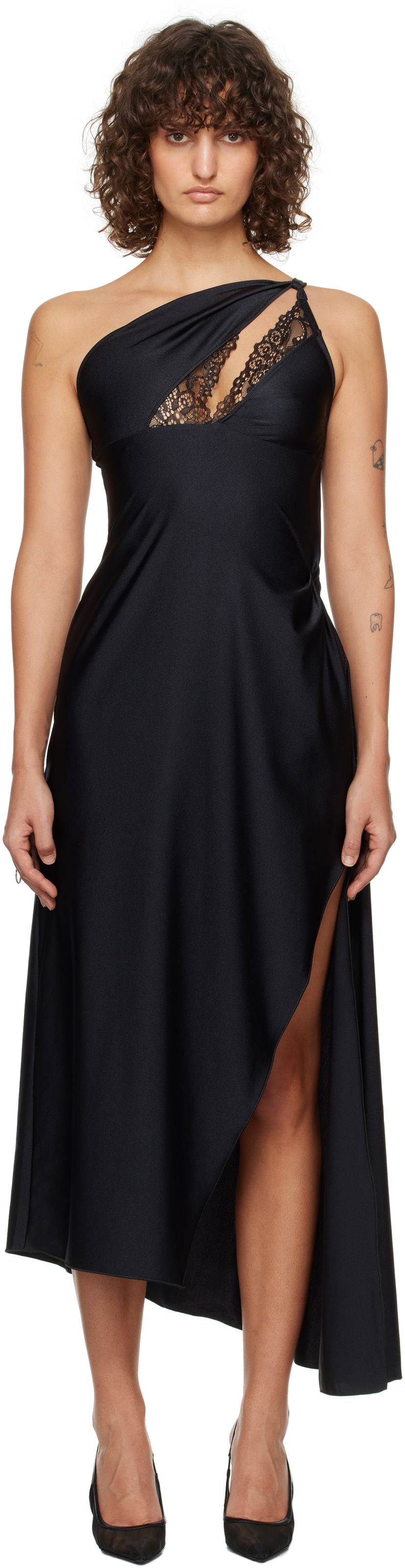 Kjole Coperni Asymmetric Lace Midi Dress Sort | COPR135545
