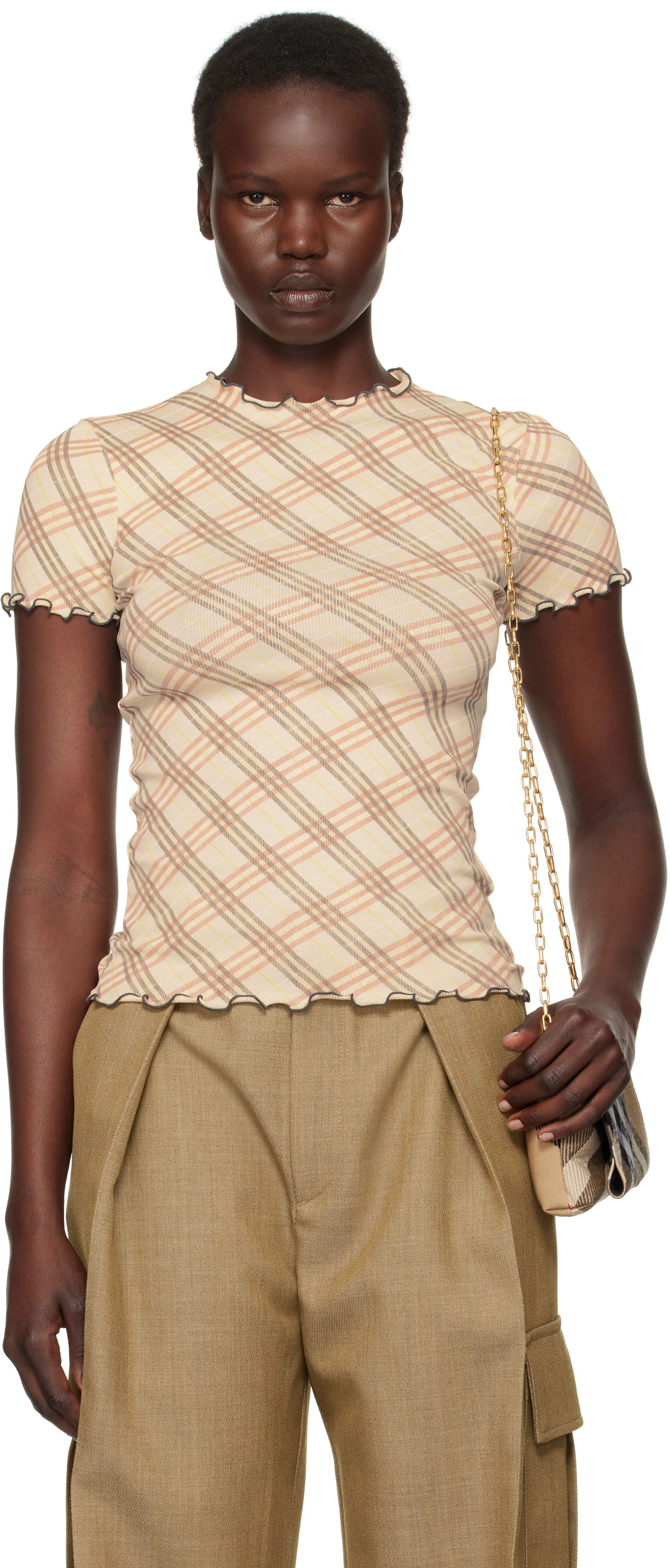 T-shirt Burberry Check Stretch Cotton T-Shirt Beige | 8101025, 0