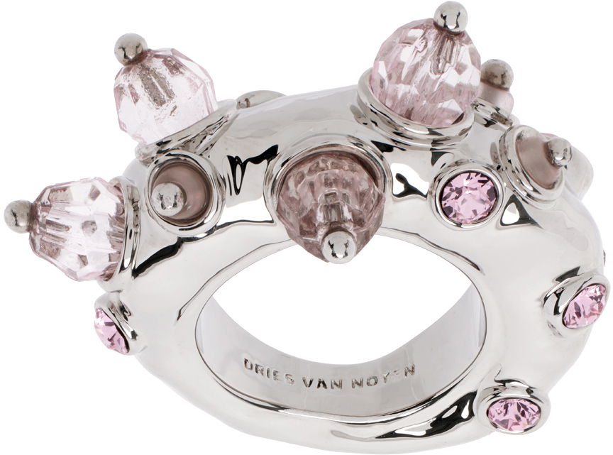 Ring Dries Van Noten Silver & Pink Beaded Ring Grå | 242-018231-055, 0