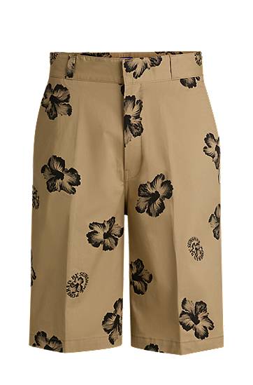 Shorts BOSS Baggy-Fit Hibiscus-Print Stretch-Cotton Twill Shorts Beige | 50542159