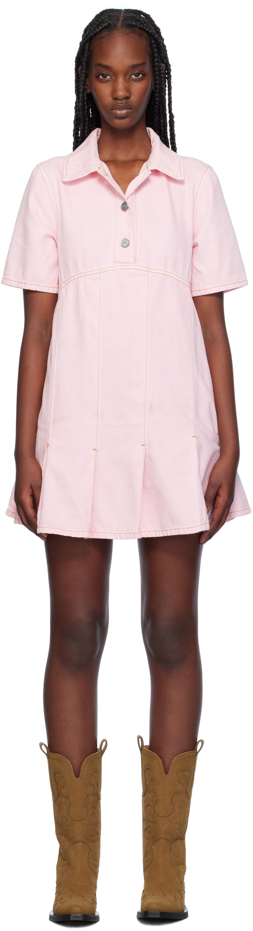 Kjole GANNI Pleated Denim Minidress Lyserød | J1582