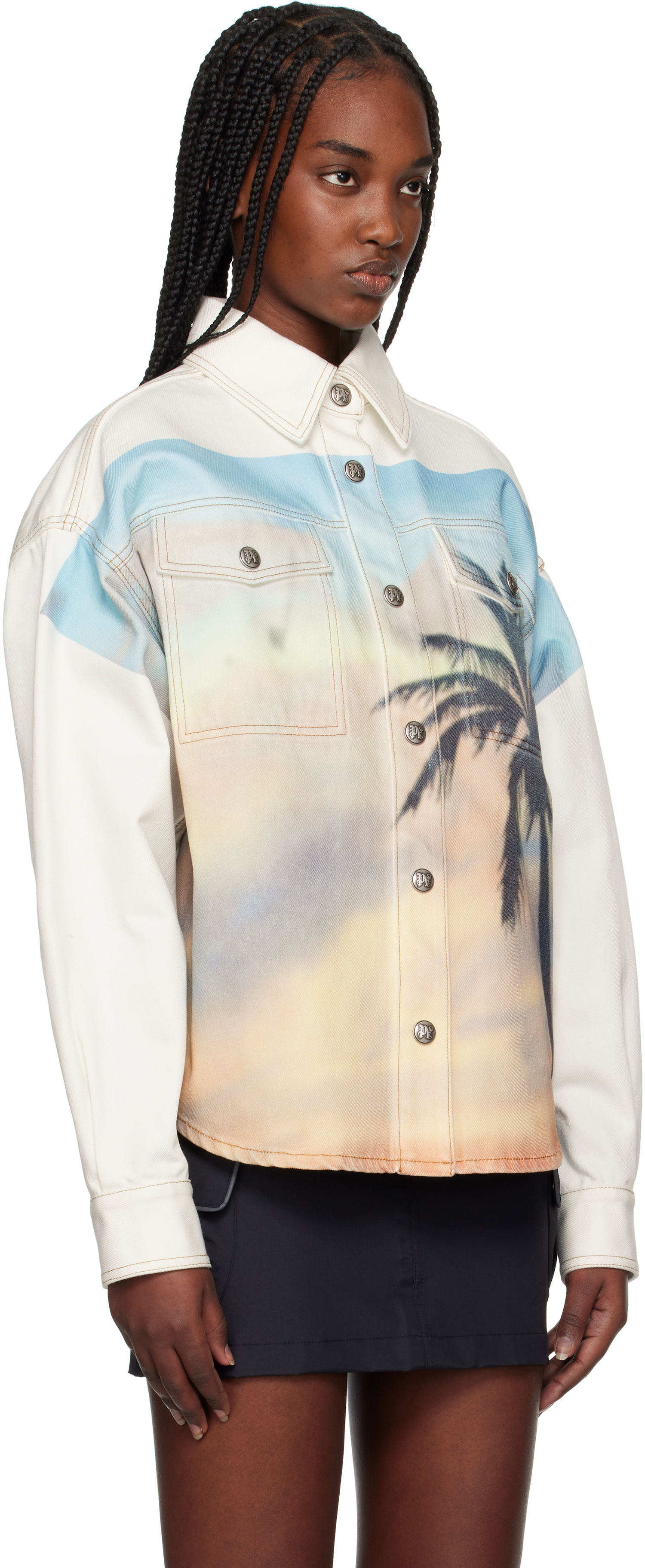 Skjorte Palm Angels Palm Angels Sunrise Palm Denim Overshirt Hvid | PWYD023S25DEN0010384, 1